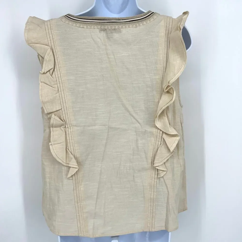 FRYE Ruffle Sleeveless Top Split V Neck Size M Oatmeal